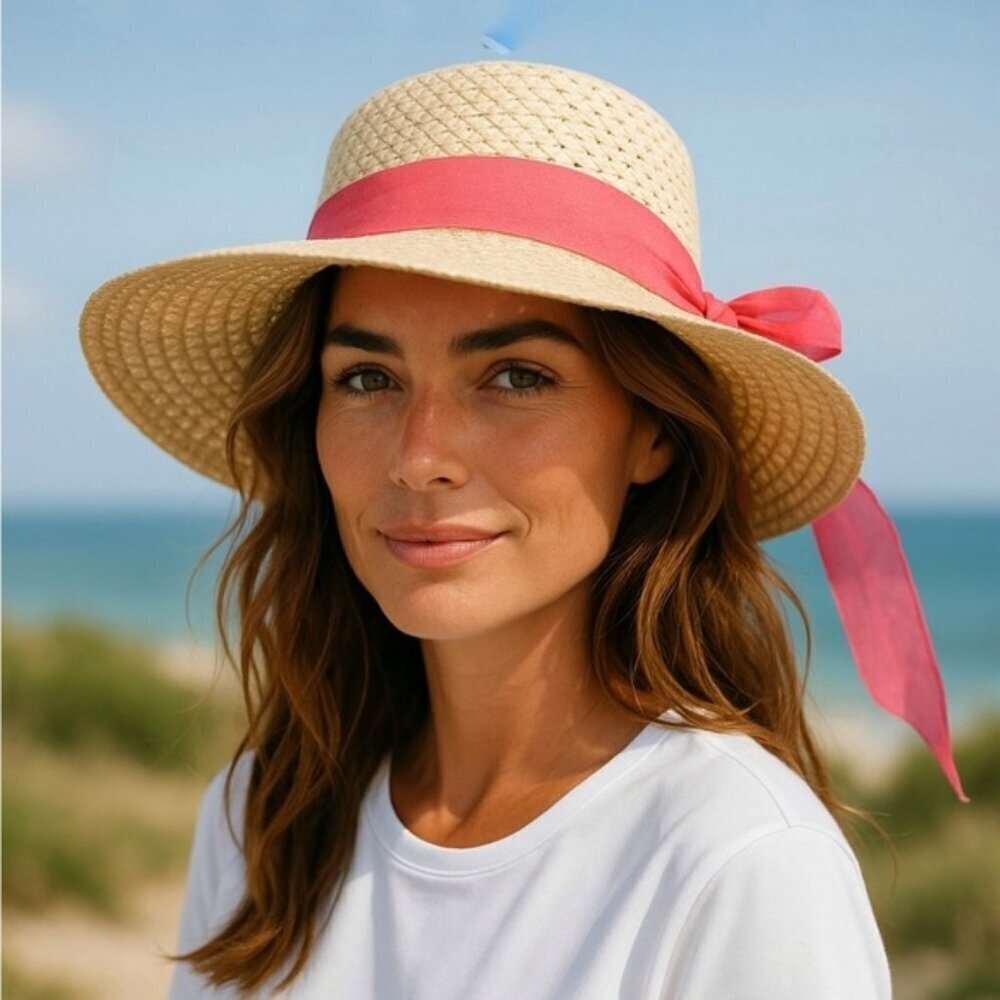 Straw Sun Beach Hat with Wide Brim Boho Chic Pink Coral Ribbon Bow Women OS
